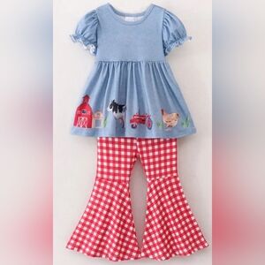 Charming Farm-Themed Kids Set with Blue Top and Red Pants